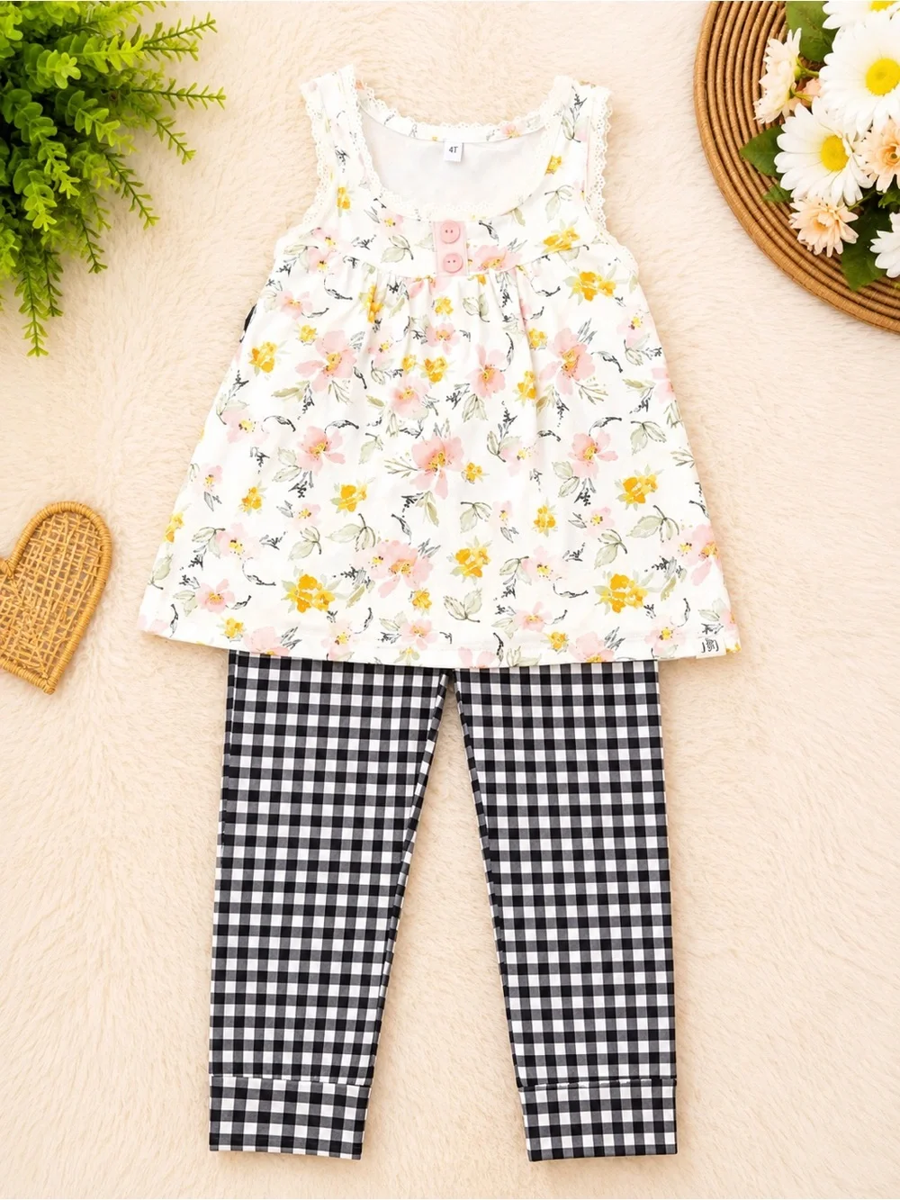 Girls 2 Piece Floral Tunic & Gingham Leggings Set Size 4T Boutique Outfit